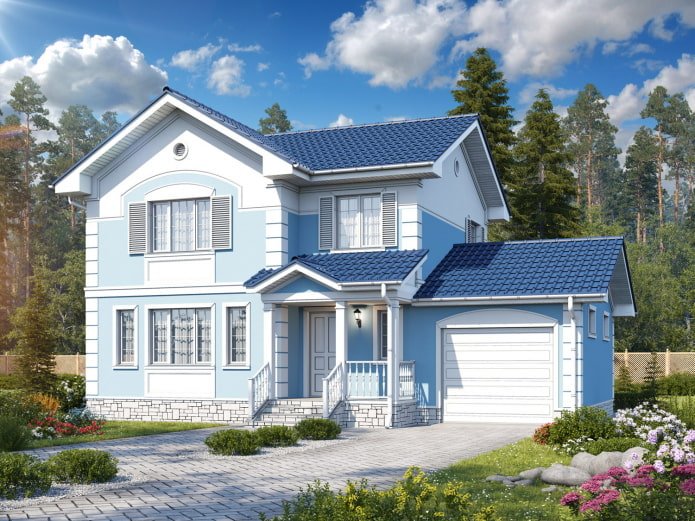 white and blue house with a blue roof