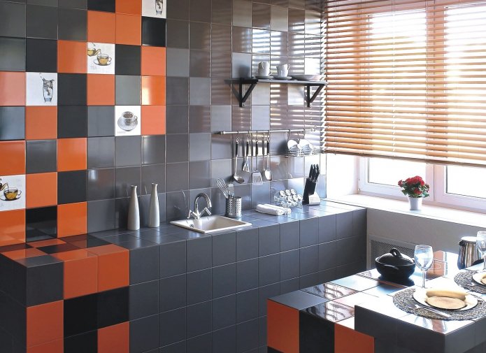 black, white, gray and orange in kitchen decoration