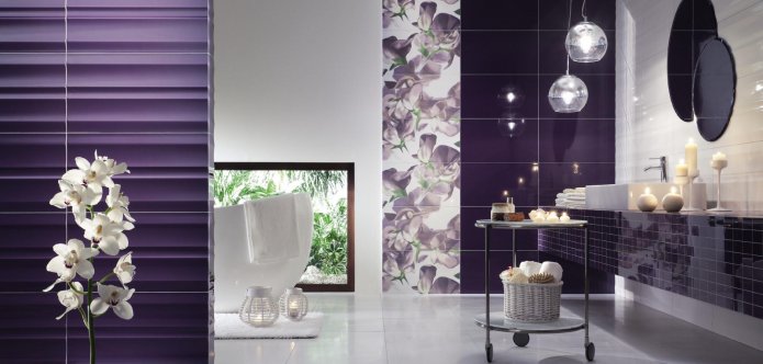 white and purple bathroom tiles with an orchid pattern
