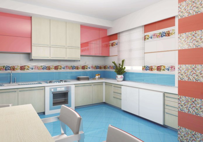 patterned stripes in a white, peach and blue kitchen