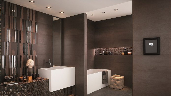 combination of mosaic and porcelain tiles in a dark brown bathroom