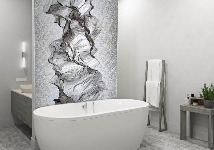 mosaic panel in a black and white bathroom