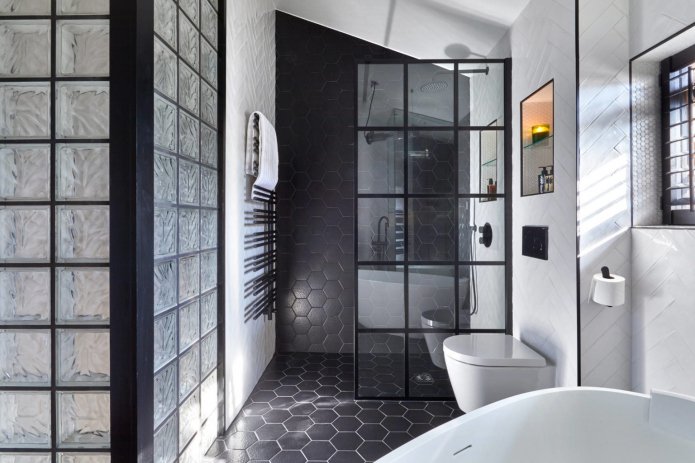 walls and partitions made of glass blocks in a monochrome bathroom