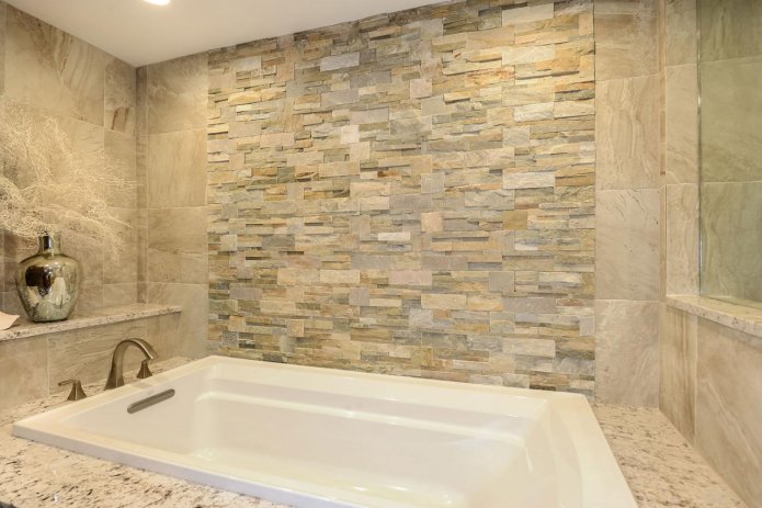 artificial stone and porcelain stoneware in the bathroom interior