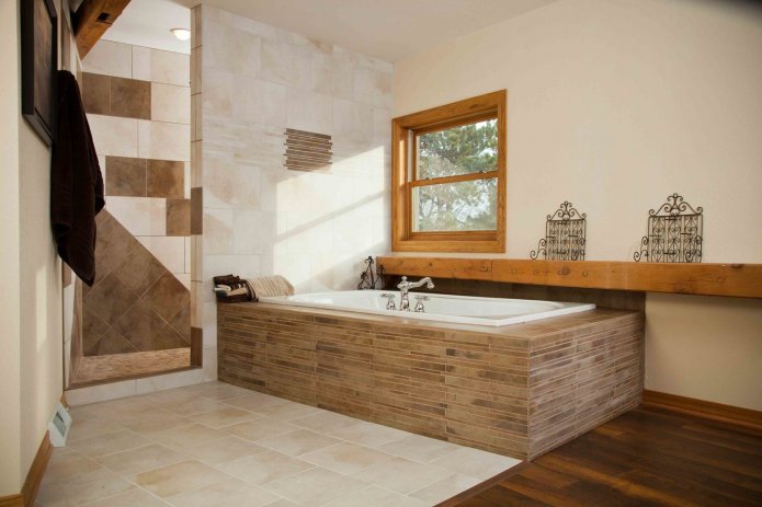combination of tiles and wood in the bathroom interior