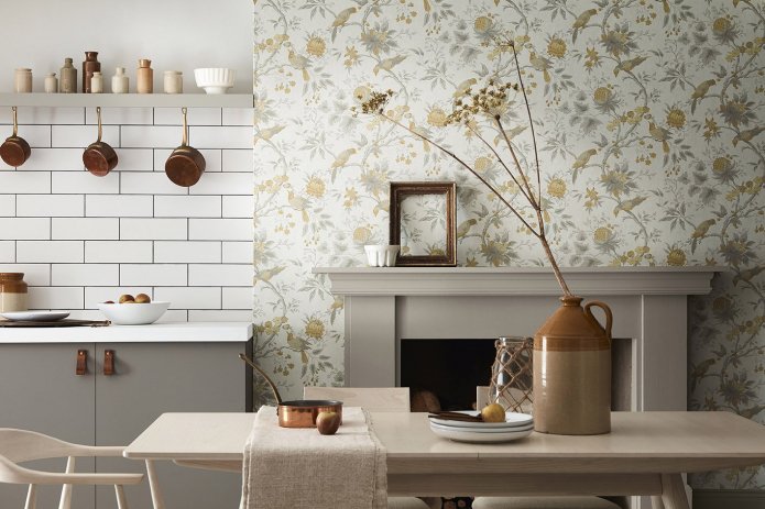 tiles and paper wallpaper in the kitchen