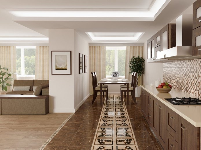 a combination of laminate and tiles on the floor in the kitchen-living room