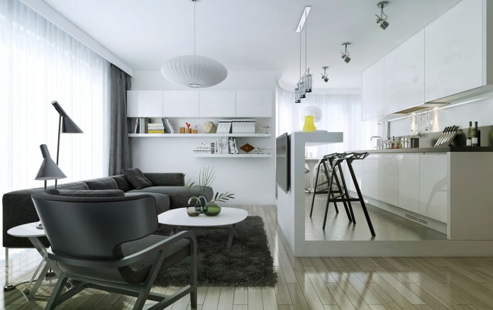 kitchen-living room design with a bar counter