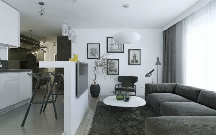 kitchen-living room design with a bar counter