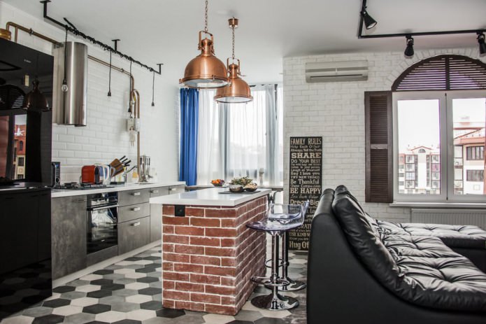 kitchen-living room design with a bar counter with a brick base