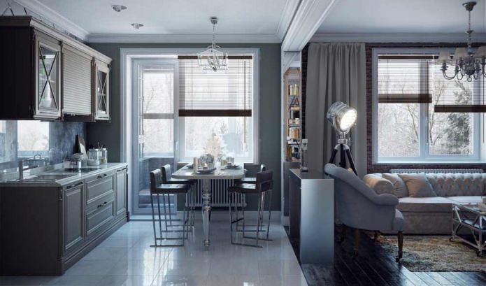Combined kitchen-living room with a bar counter