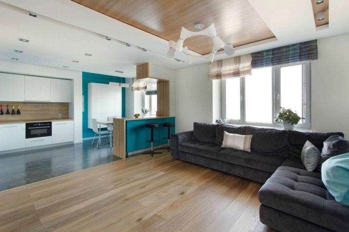 design of a kitchen-living room with a bar counter 
