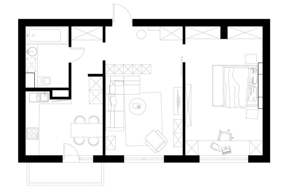 layout of a two-room apartment of 57 sq. m.