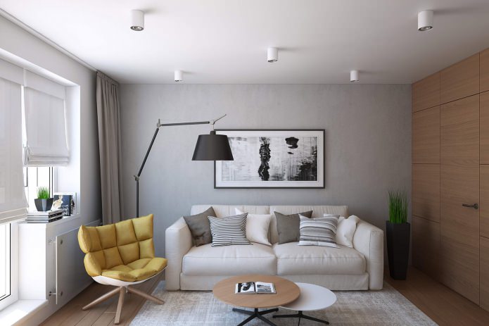 living room design in a one-room apartment of 43 sq. m.