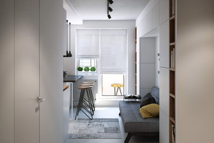 design of a kitchen-living room in a one-room apartment of 43 sq. m.