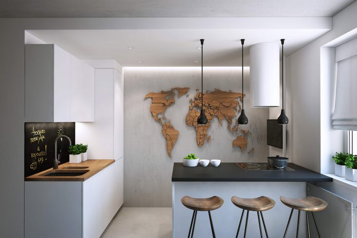 interior of a small kitchen with a bar counter