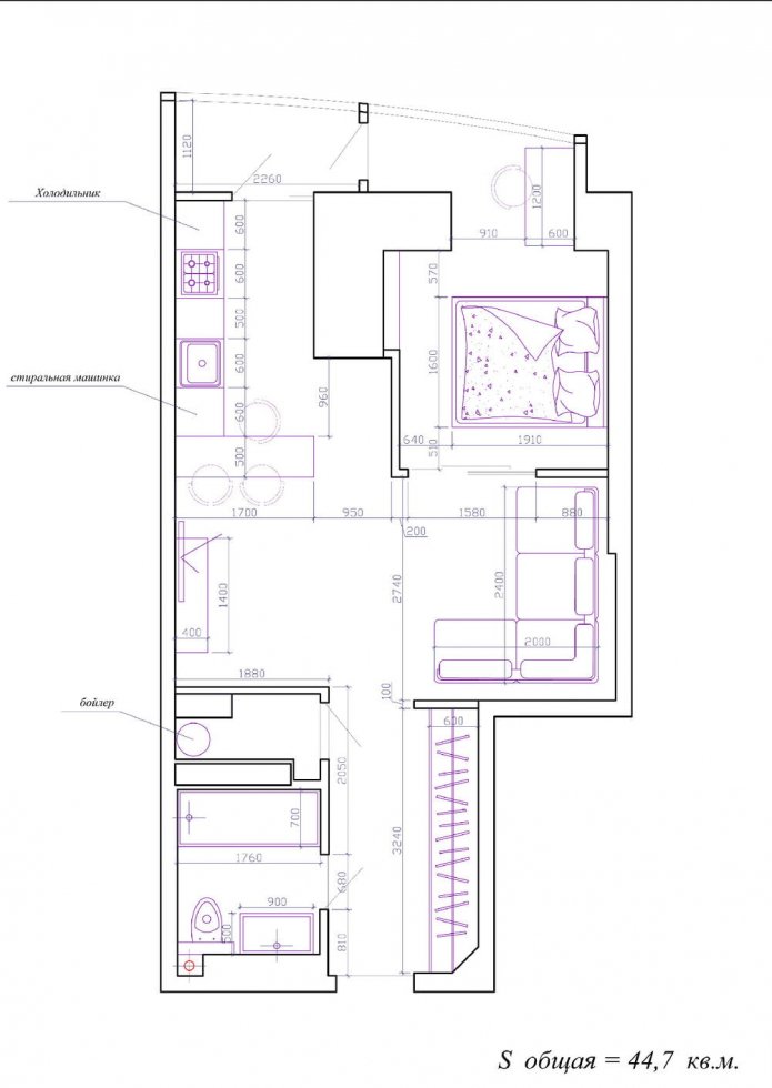 layout of a one-room apartment of 45 sq. m.