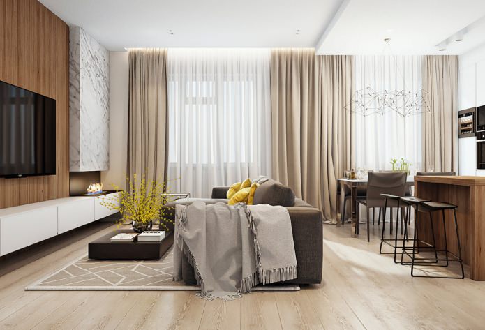 Kitchen with a living room in an apartment