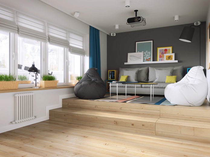 living room in the design of a one-room apartment of 37 sq. m.
