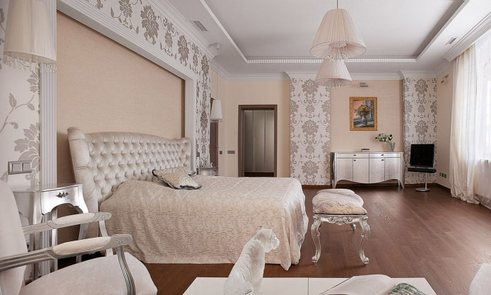 Beige walls with wallpaper and paint in the bedroom