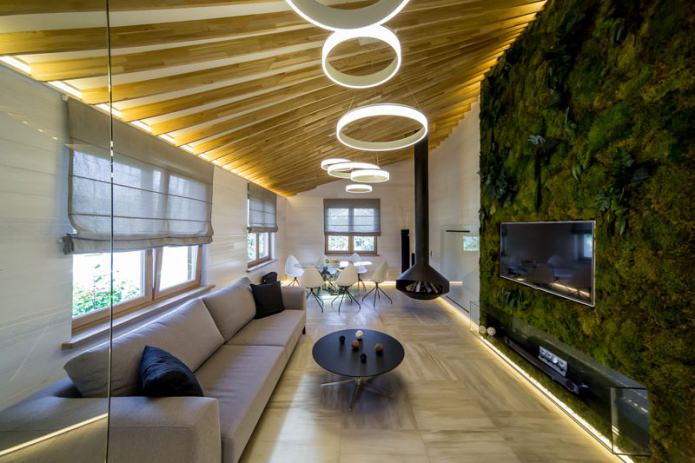 live greenery in the living room interior in eco-style