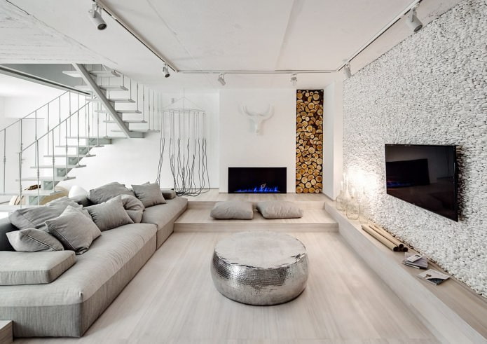 fireplace in the interior of the living room in eco-style