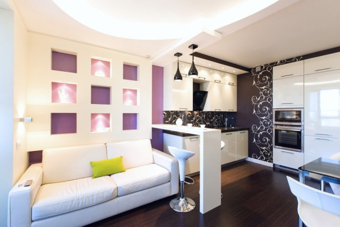 furniture in the zoning of the kitchen-bedroom