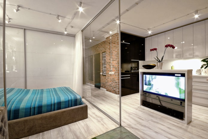 partition in the interior of the kitchen-bedroom