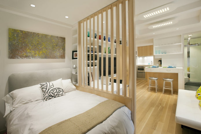partition in the interior of the kitchen-bedroom