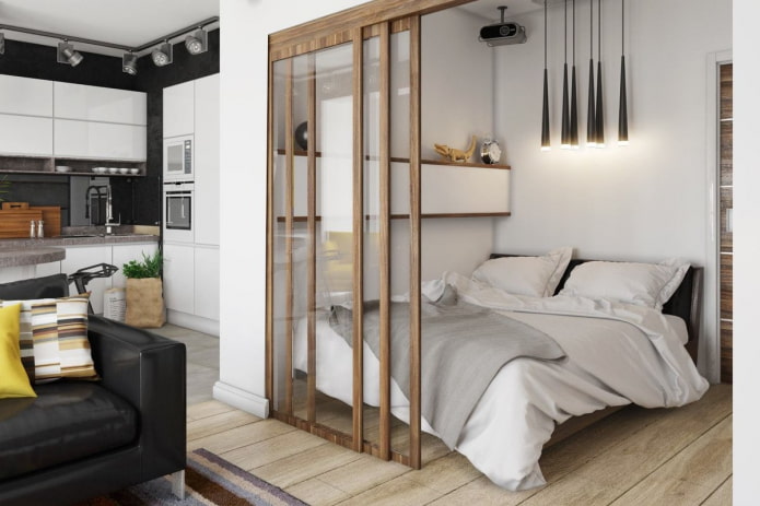 sliding doors in the interior of the kitchen-bedroom