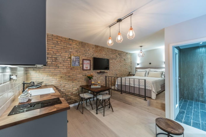 bed on a podium in the kitchen interior