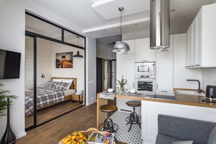 bed in a niche in the kitchen interior