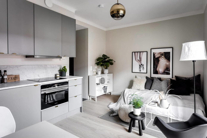 interior of a small kitchen-bedroom