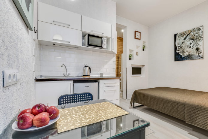 interior of a small kitchen-bedroom
