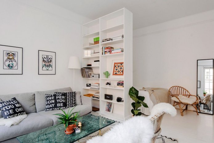 interior of a bedroom-living room in a Scandinavian style