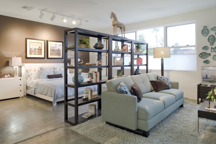 shelf in the interior of the bedroom-living room