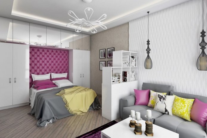 zoning with finishing in the interior of the bedroom-living room