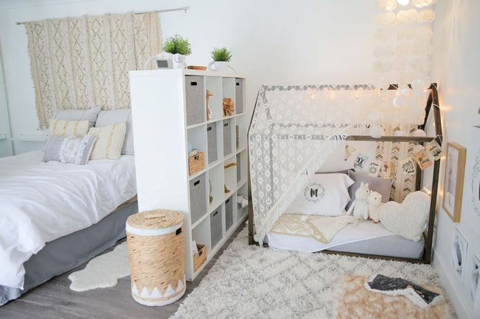 functional zoning of a combined bedroom and a nursery