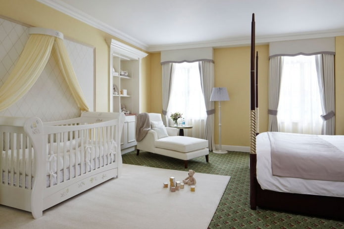 visual zoning of a combined bedroom and a nursery