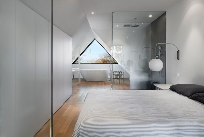 layout of an attic bedroom with a bathroom