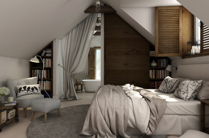 layout of an attic bedroom with a bathroom