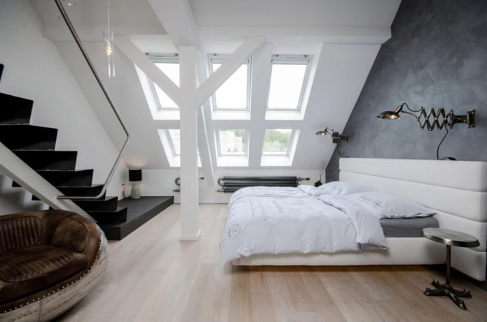 attic bedroom interior in high-tech style