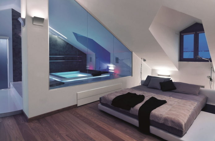 attic bedroom interior in high-tech style