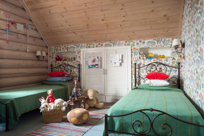 interior of an attic bedroom for two children