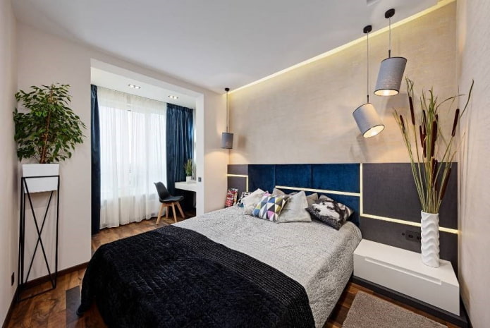 decor and lighting in the bedroom combined with a loggia