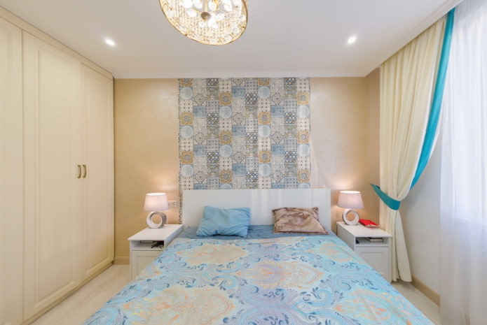 beige bedroom with blue accents
