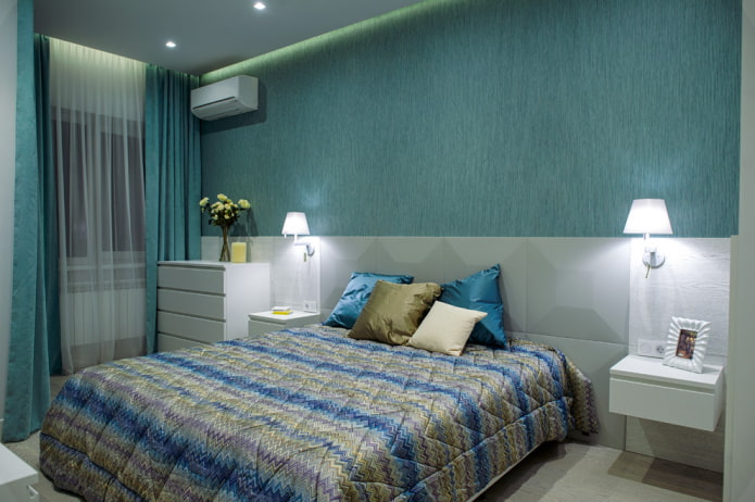 gray and turquoise bedroom interior