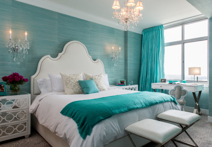 furniture in the interior of a turquoise bedroom