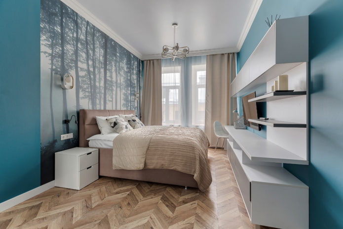 beige and turquoise bedroom interior