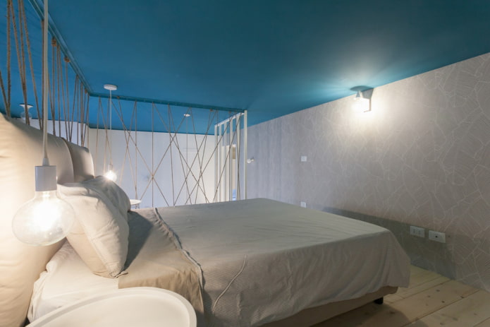 gray and turquoise bedroom interior